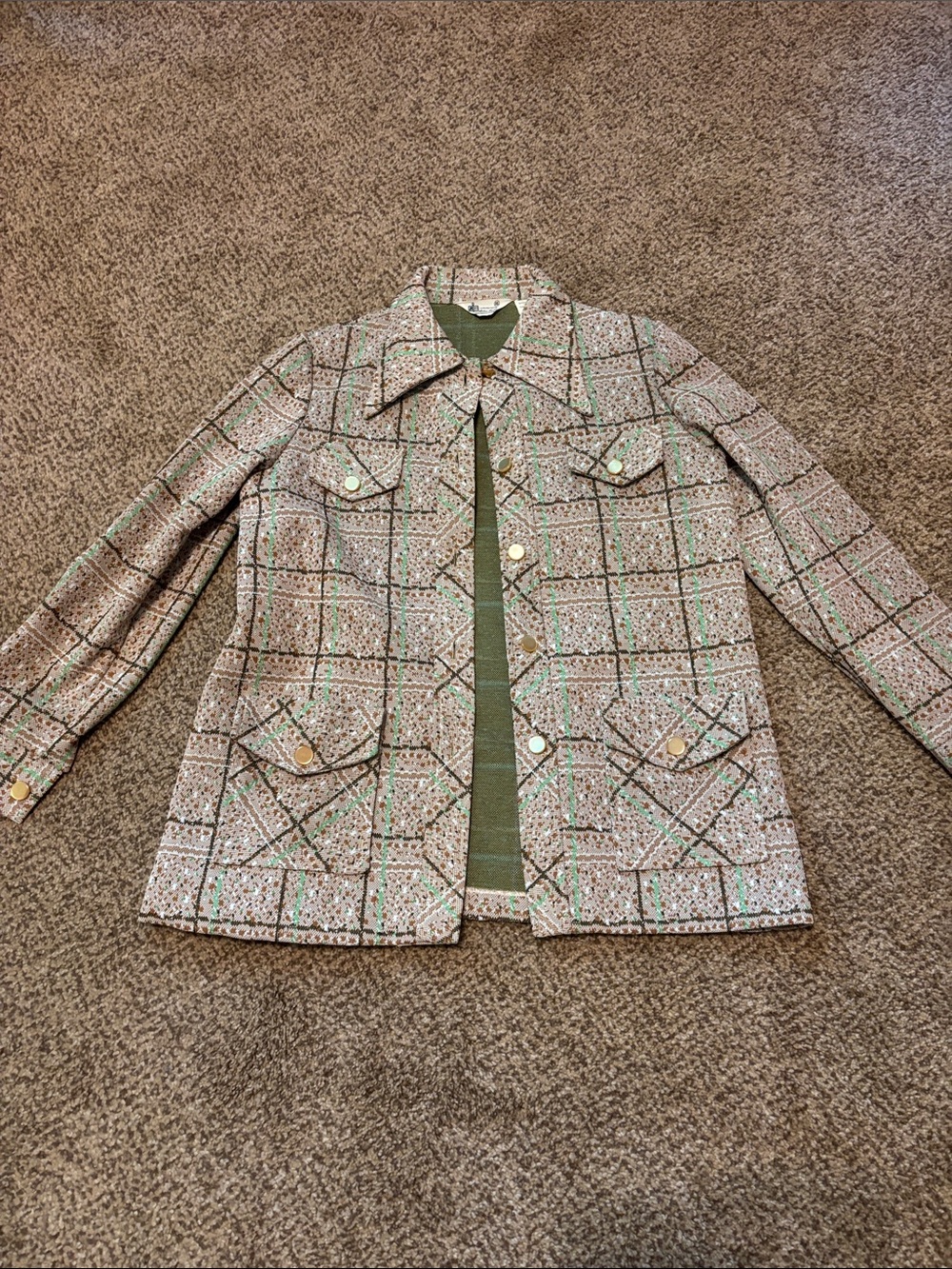 Vintage 70s KMart Plaid Button-Front Jacket in Beige and Mint Small Medium